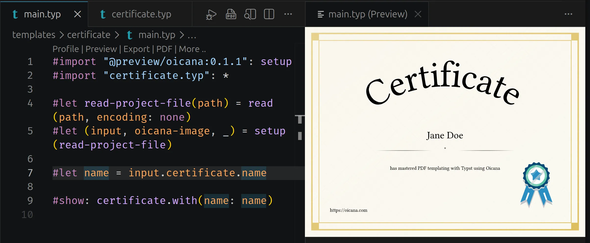 An Oicana template for certificates open in VS Code with the Tinymist Typst extension. The left pane shows the main.typ source with syntax highlighting; the right pane shows the live preview of the document.