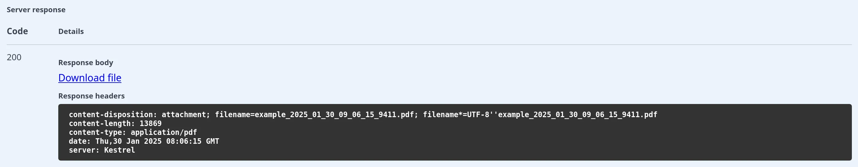 The 200 response from calling an endpoint in Swagger UI. The response includes a link called "Download file".