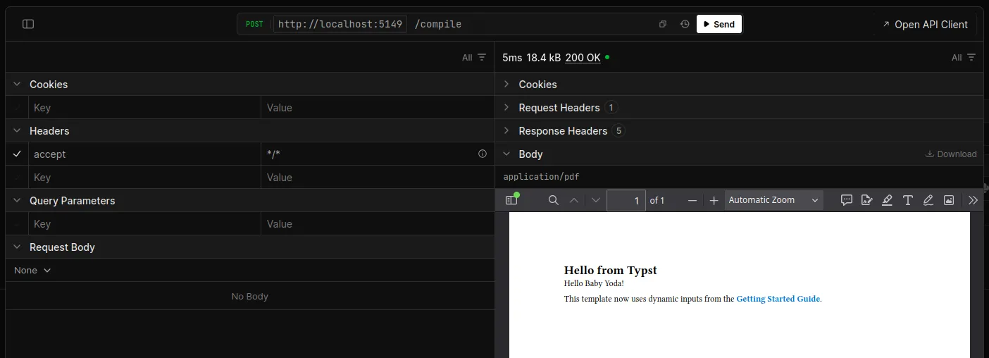The 200 response from calling the compile endpoint in the Scalar API explorer. The returned PDF is rendered and can be downloaded.
